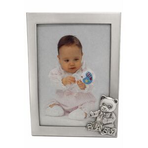 Vintage 1950s Silver Plate Baby Picture Frame Teddy Bear Tabletop Shower Gift
